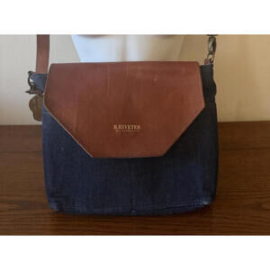 R. Riveter Brown Leather w/ Blue Denim Canvas Crossbody Handmade Purse Bag 7x10”
